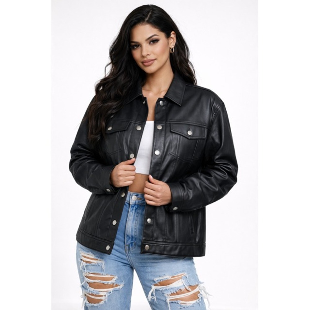 NWT BBJ Los Angeles Black Silver Snap Trucker Bomber Faux Leather Jacket Women L